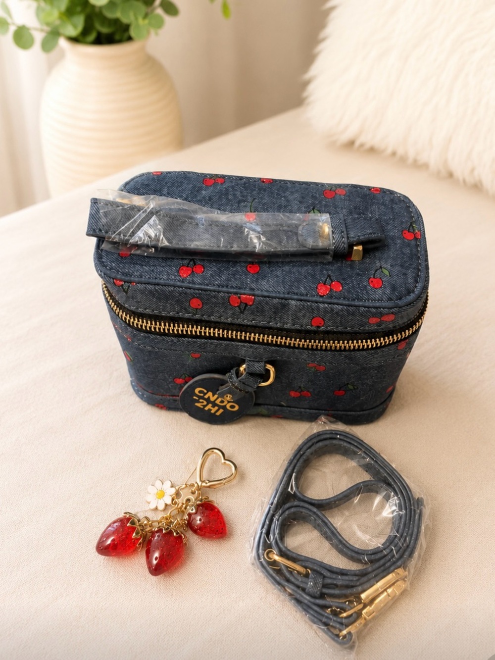 Denim Cherry Print Cosmetic Case Bag - Blue